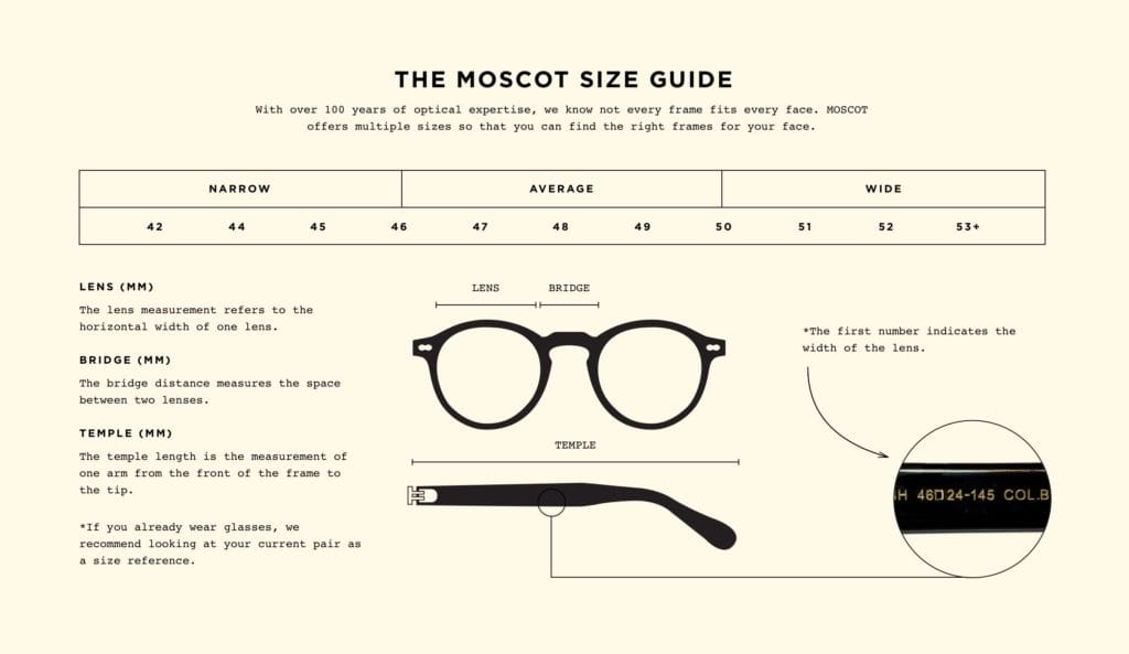 Moscot storleksguide